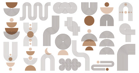 Abstract boho aesthetic geometric shape set. Contemporary mid century line design with sun and moon phases trendy bohemian style. Modern vector illustration