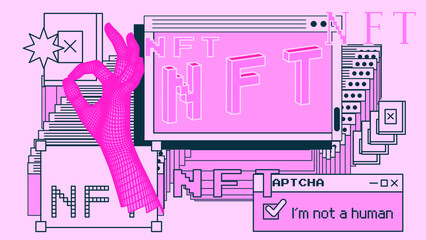 Poster - Computer screen with of user interface elements. Conceptual illustration of the NFT or Non-fungible token.