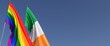 LGBT and Ireland flags on flagpole on blue background. Rainbow flag. Place for text. LGBT community. Dublin. 3d illustration.
