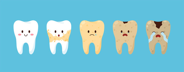 Happy clean and white tooth and sad yellow and dirty, flat vector illustration isolated on blue background.