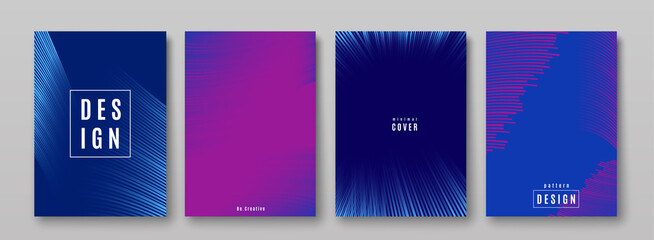 Fototapete - Abstract pattern background vector set in dark color with thin lines texture for minimal dynamic cover design. Blue, pink, purple placard poster template