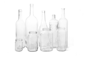 group of a glass bottles and jars on white background