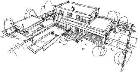 hand drawn architectural sketches of modern one story detached house with garden  and swimming pool and garden house