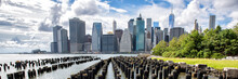 New York City Skyline Panoramic Banner Showing Midtown And Lower Manhattan From The Brooklyn Bridge Park Pier 1 Salt Marsh. Iconic New York And Famous Tourist Destination At The Waterfront