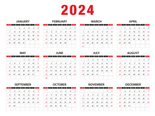 2024 Calendar Year Vector Illustration. Week Starts On Sunday, Simple Planner Design Template, Desk Calendar 2024 Year, Wall Calendar 2024 Template, Print Media, Advertisement