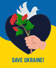 Black Heart With Hand Holding Red Viburnum Branches On The Ukrainian Flag Background