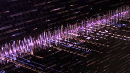 Poster - Abstract background with music track and numbers. Animation. Abstract color equalizer moves with numbers on black background. Computer equalizer matrix