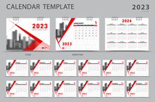 Calendar 2023-2024 Template And Cover Design, Set Desk Calendar 2023 Template, Set Of 12 Months, Week Starts On Sunday, Wall Calendar 2024, Stationery Design, Corporate Planner, Print Media, Vector