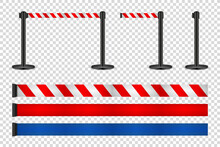Realistic Retractable Belt Stanchion On Transparent Background. Crowd Control Barrier Posts With Caution Strap. Queue Lines. Restriction Border And Danger Tape. Vector Illustration.