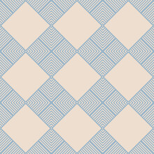Vector Geometric Seamless Pattern. Abstract Blue And Beige Color Texture With Squares, Rhombuses, Lines, Grid, Lattice, Grill, Net. Stylish Modern Checkered Background. Retro Vintage Style Design