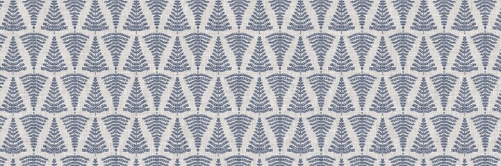 French blue botanical leaf linen seamless border with 2 tone country cottage style motif. Simple vintage rustic fabric textile effect. Primitive modern shabby chic kitchen cloth design.