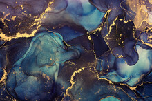 Natural  Luxury Abstract Fluid Art Painting In Alcohol Ink Technique. Tender And Dreamy  Wallpaper. Mixture Of Colors Creating Transparent Waves And Golden Swirls. For Posters, Other Printed Materials