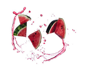Wall Mural - watermelon slice with juice splash isolated on white background.