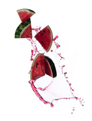 Wall Mural - watermelon slice with juice splash isolated on white background.