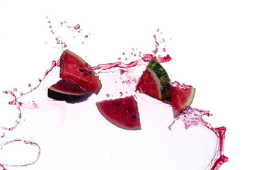 Wall Mural - watermelon slice with juice splash isolated on white background.