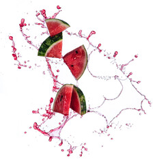 Wall Mural - watermelon slice with juice splash isolated on white background.