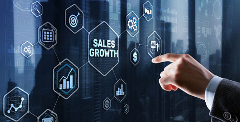 Wall Mural - Sales Growth Man clicks inscription on virtual 3D screen