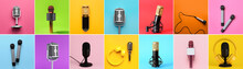 Set Of Different Microphones On Colorful Background