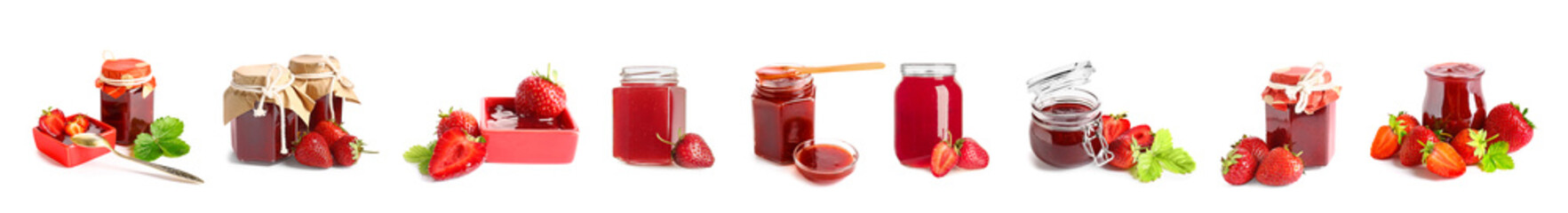 Jars of tasty strawberry jam on white background