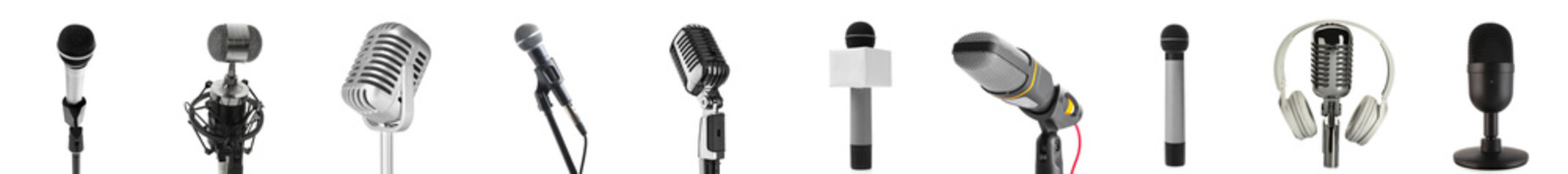 Set of different microphones isolated on white