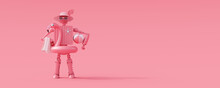 Summer Travel Concept On Pink Background. Artificial Intelligence Humanoid Robot Ready For Summer Vacation 3d Render 3D Illustration