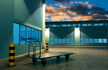 Poster - Cart near factory. Factory hangars exterior. Empty hand cart. 3d rendering.