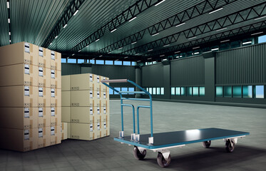 Poster - Interior warehouse. Courier boxes and empty cart. Hand trolley. 3d rendering.