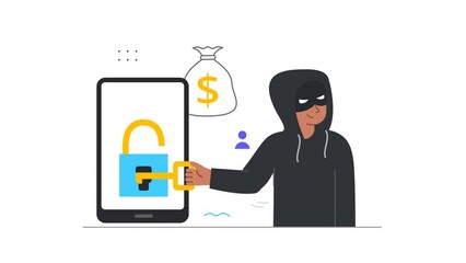 Poster - internet fraud and hacker attack video concept. moving male fraudster in hood hacks passwords on sma