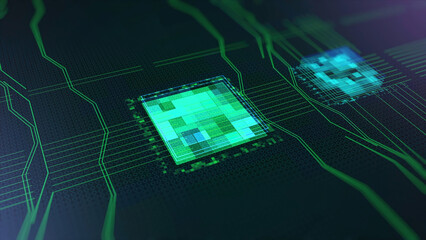 Poster - Processors CPU concept. Animation. Motherboard digital chip. Abstract animation of computer central processing unit CPU in digital cyberspace