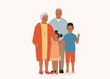 © simplehappyart - Portrait Of Two Smiling Black Grandparent With Two Grandchildren Standing Together. Full Length. Flat Design, Character, Cartoon.