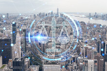 Aerial Panoramic City View Of Lower Manhattan, Midtown, Downtown, Financial District, West Side At Day Time, NYC, USA. Legal Icons Hologram. The Concept Of Law, Order, Regulations And Digital Justice