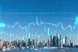 Fototapeta Nowy Jork - New York City skyline from New Jersey over Hudson River towards the Hudson Yards at day. Manhattan, Midtown. Forex graph hologram. The concept of internet trading, brokerage and fundamental analysis