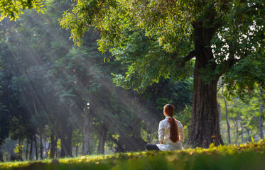 Back of woman relaxingly practicing meditation in the forest to attain happiness from inner peace wisdom with beam of sun light for healthy mind and soul