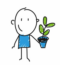 Stickman Holding Pot Filled Plant With Green Leaves, Protecting Nature, Conservation.