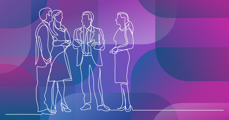 Poster - continuous line drawing of business professionals standing meeting