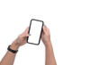 © Prathankarnpap - Woman hands holding mobile isolated on white background. Blank screen for graphics display montage.
