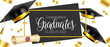 Graduation greeting vector template design. Congratulations graduates text with 3d mortarboard cap and diploma in confetti background for class of 2022 celebration messages. Vector illustration.
