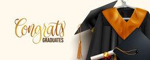 Graduation Greeting Vector Design. Congrats Graduates Text With Graduation Dress And Elements Of Mortarboard Cap, Gown And Diploma For Ceremony Celebration Messages. Vector Illustration.
