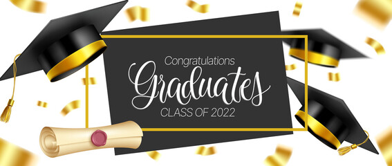 Wall Mural - Graduation greeting vector template design. Congratulations graduates text with 3d mortarboard cap and diploma in confetti background for class of 2022 celebration messages. Vector illustration.
