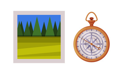 Canvas Print - Compass with Arrow and Photo Card as Travel and Tourism Symbol Vector Set