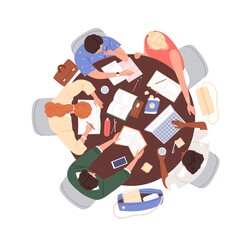 Poster - Group of people at table, top view. Students team work at desk with books, laptop. Meeting for teamwork, studying, preparing for exam together. Flat vector illustration isolated on white background