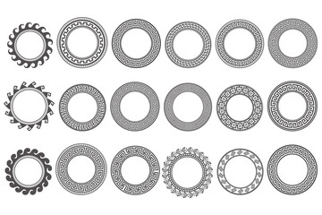 Poster - Circle greek frames. Round meander borders. Decoration elements patterns. Vector illustration isolated on white background.