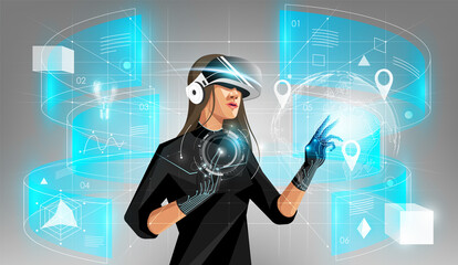 Metaverse digital cyber world technology, Woman holding virtual reality glasses surrounded with futuristic interface 3d hologram data, vector illustration.