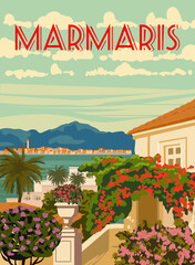Canvas Print - Marmaris landmark, Turkey resort, retro poster, horizon, skyline. Vintage touristic travel postcard, placard, vector