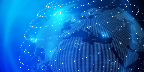 Poster - Glowing sphere hologram on blue wallpaper. Metaverse and future concept. 3D Rendering.