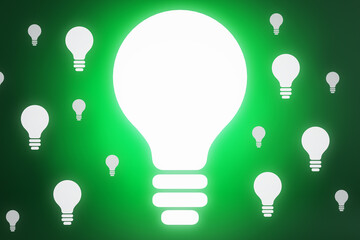 Wall Mural - Creative light bulb on green background with bright mock up place. Idea and success concept. 3D Rendering.