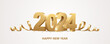 Happy New Year 2024. Golden 3D numbers with ribbons and confetti on a white background.