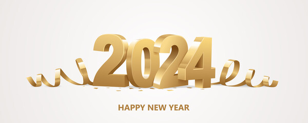 Wall Mural - Happy New Year 2024. Golden 3D numbers with ribbons and confetti on a white background.