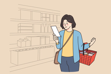 Woman client with shopping list hold basket buy products in supermarket. Smiling female customer purchase groceries in store according to planned listing. Retail and commerce. Vector illustration. 