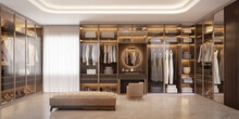 Panorama Of Luxury Walk In Closet Interior With Wood And Gold Elements.3d Rendering
